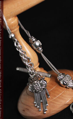 三つ大きな飾り付き 銀無垢アンティーク懐中時計チェーン-C0472-10