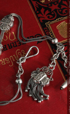 三つ大きな飾り付き 銀無垢アンティーク懐中時計チェーン-C0472-12