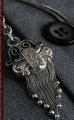 三つ大きな飾り付き 銀無垢アンティーク懐中時計チェーン-C0472-4