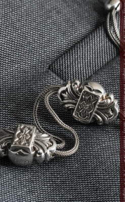 三つ大きな飾り付き 銀無垢アンティーク懐中時計チェーン-C0472-5