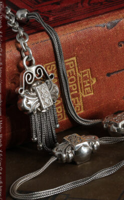 三つ大きな飾り付き 銀無垢アンティーク懐中時計チェーン-C0472-6