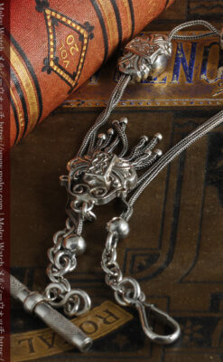 三つ大きな飾り付き 銀無垢アンティーク懐中時計チェーン-C0472-7