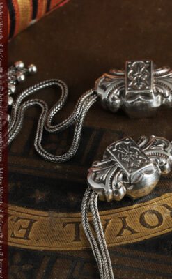 三つ大きな飾り付き 銀無垢アンティーク懐中時計チェーン-C0472-8