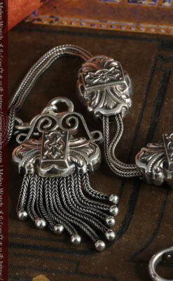 三つ大きな飾り付き 銀無垢アンティーク懐中時計チェーン-C0472-9