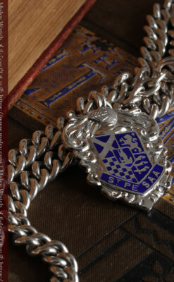 二股の銀無垢アンティーク懐中時計チェーン 騎士と青い盾飾り 【1922年頃】-C0473-8