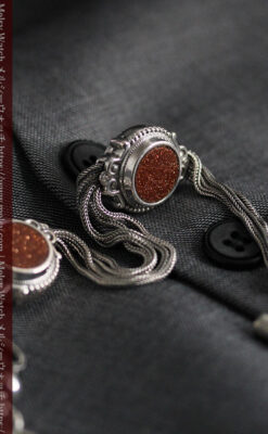 立体的な丸い石飾りの付いたアンティーク銀無垢チェーン-C0479-10