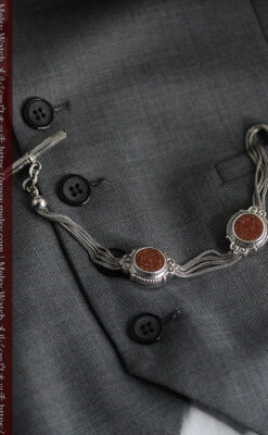 立体的な丸い石飾りの付いたアンティーク銀無垢チェーン-C0479-3