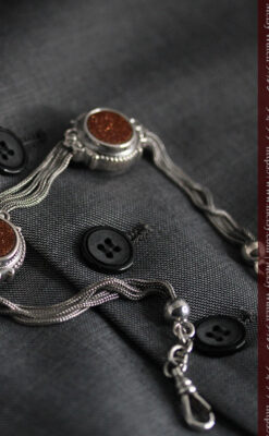 立体的な丸い石飾りの付いたアンティーク銀無垢チェーン-C0479-4