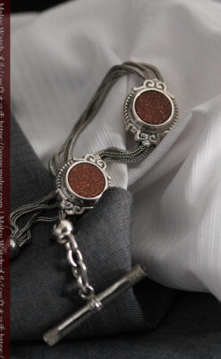 立体的な丸い石飾りの付いたアンティーク銀無垢チェーン-C0479-5