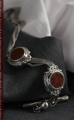 立体的な丸い石飾りの付いたアンティーク銀無垢チェーン-C0479-6