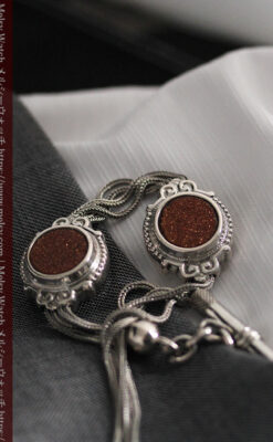 立体的な丸い石飾りの付いたアンティーク銀無垢チェーン-C0479-8