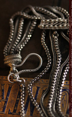 綺麗な装飾と５本の並びが綺麗なアンティーク銀無垢チェーン-C0481-12