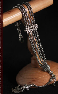 綺麗な装飾と５本の並びが綺麗なアンティーク銀無垢チェーン-C0481-14