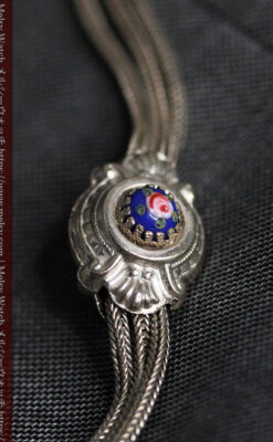 立体的な青い飾りの綺麗な銀のアンティーク懐中時計チェーン-C0482-10