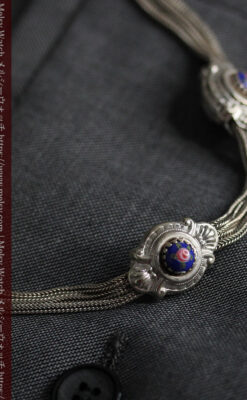 立体的な青い飾りの綺麗な銀のアンティーク懐中時計チェーン-C0482-11