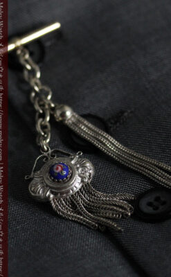 立体的な青い飾りの綺麗な銀のアンティーク懐中時計チェーン-C0482-12