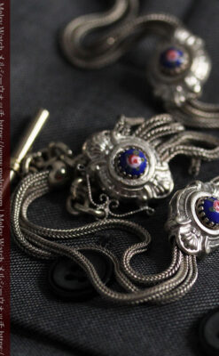 立体的な青い飾りの綺麗な銀のアンティーク懐中時計チェーン-C0482-13