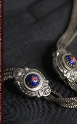 立体的な青い飾りの綺麗な銀のアンティーク懐中時計チェーン-C0482-14