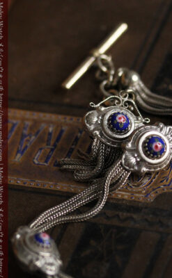 立体的な青い飾りの綺麗な銀のアンティーク懐中時計チェーン-C0482-3