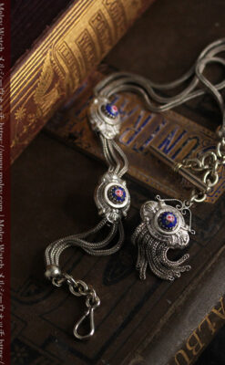 立体的な青い飾りの綺麗な銀のアンティーク懐中時計チェーン-C0482-6