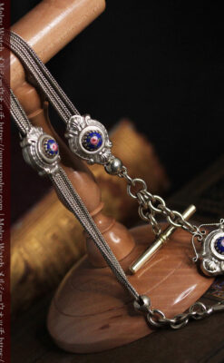 立体的な青い飾りの綺麗な銀のアンティーク懐中時計チェーン-C0482-7