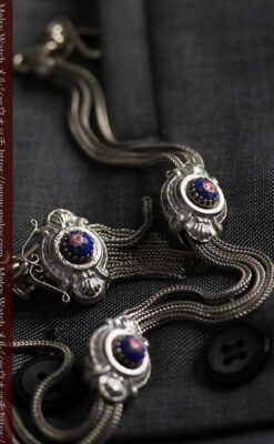 立体的な青い飾りの綺麗な銀のアンティーク懐中時計チェーン-C0482-8