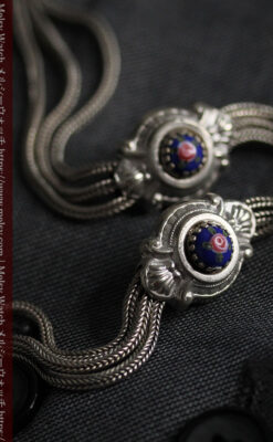 立体的な青い飾りの綺麗な銀のアンティーク懐中時計チェーン-C0482-9