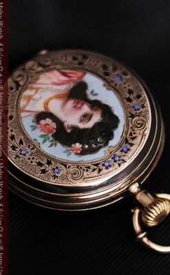 ジュールズマシイのアンティーク金無垢懐中時計・エナメル装飾-P2105-16