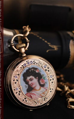 ジュールズマシイのアンティーク金無垢懐中時計・エナメル装飾-P2105-4