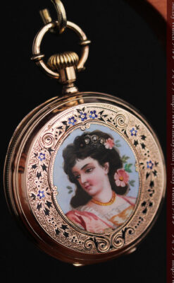 ジュールズマシイのアンティーク金無垢懐中時計・エナメル装飾-P2105-5