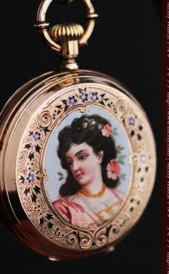 ジュールズマシイのアンティーク金無垢懐中時計・エナメル装飾-P2105-6