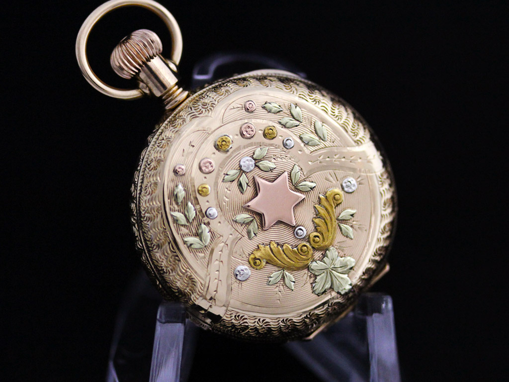 エルジン 金無垢アンティーク懐中時計 盾と星の豪華なケース 【1906年製】 エルジン 金無垢アンティーク懐中時計 盾と星の豪華なケース 【1906年製】