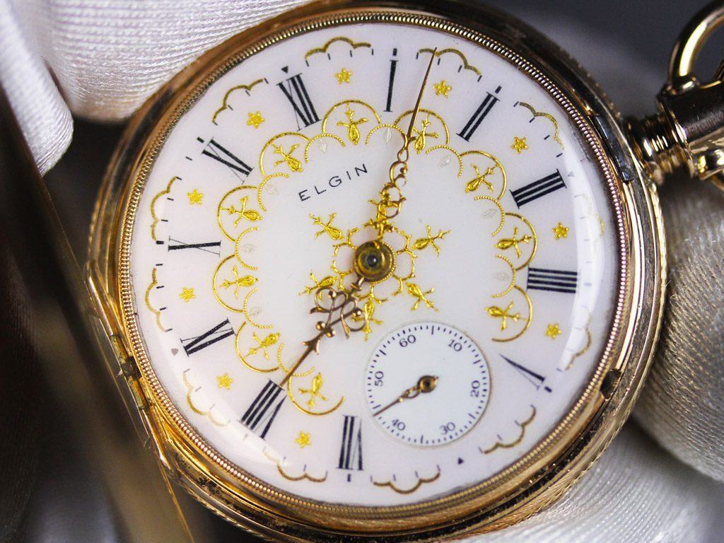 エルジン 画家のキャンバス 金無垢アンティーク懐中時計 【1886年製】