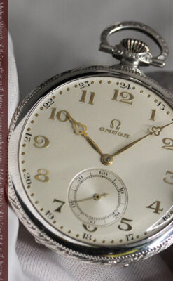 オメガの幾何学デザインのお洒落な銀無垢アンティーク懐中時計 【1934年製】-P2270-13