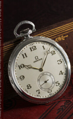 オメガの幾何学デザインのお洒落な銀無垢アンティーク懐中時計 【1934年製】-P2270-3