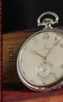 オメガの幾何学デザインのお洒落な銀無垢アンティーク懐中時計 【1934年製】-P2270-4