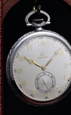 オメガの幾何学デザインのお洒落な銀無垢アンティーク懐中時計 【1934年製】-P2270-7