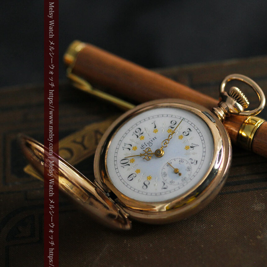 金と青の装飾が美しいエルジンのアンティーク懐中時計【1904年製】-P2271-1