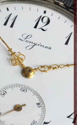 黒金装飾と彫りが美しいロンジンの銀無垢アンティーク懐中時計 【1905年製】革紐付き-P2274-12