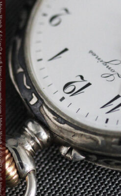 黒金装飾と彫りが美しいロンジンの銀無垢アンティーク懐中時計 【1905年製】革紐付き-P2274-26