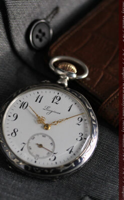 黒金装飾と彫りが美しいロンジンの銀無垢アンティーク懐中時計 【1905年製】革紐付き-P2274-3