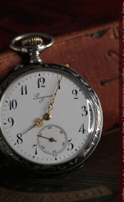 黒金装飾と彫りが美しいロンジンの銀無垢アンティーク懐中時計 【1905年製】革紐付き-P2274-4