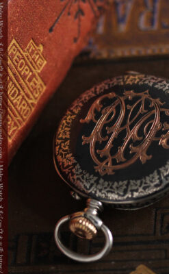 黒金装飾と彫りが美しいロンジンの銀無垢アンティーク懐中時計 【1905年製】革紐付き-P2274-6