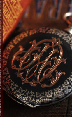 黒金装飾と彫りが美しいロンジンの銀無垢アンティーク懐中時計 【1905年製】革紐付き-P2274-7