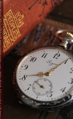 黒金装飾と彫りが美しいロンジンの銀無垢アンティーク懐中時計 【1905年製】革紐付き-P2274-8