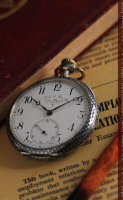 市松模様の黒金装飾 英国スミスの銀無垢懐中時計 【1900年頃】-P2278-5