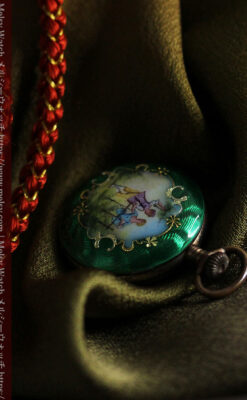 深緑のエナメル装飾 スイス製銀無垢アンティーク懐中時計-P2287-10