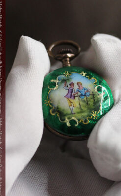 深緑のエナメル装飾 スイス製銀無垢アンティーク懐中時計-P2287-11