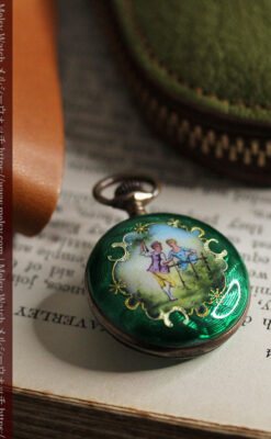 深緑のエナメル装飾 スイス製銀無垢アンティーク懐中時計-P2287-12