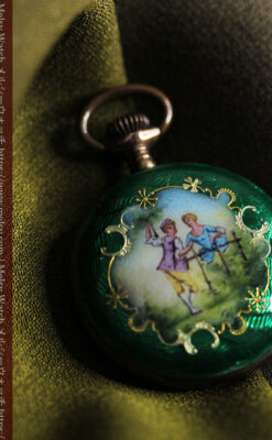 深緑のエナメル装飾 スイス製銀無垢アンティーク懐中時計-P2287-3